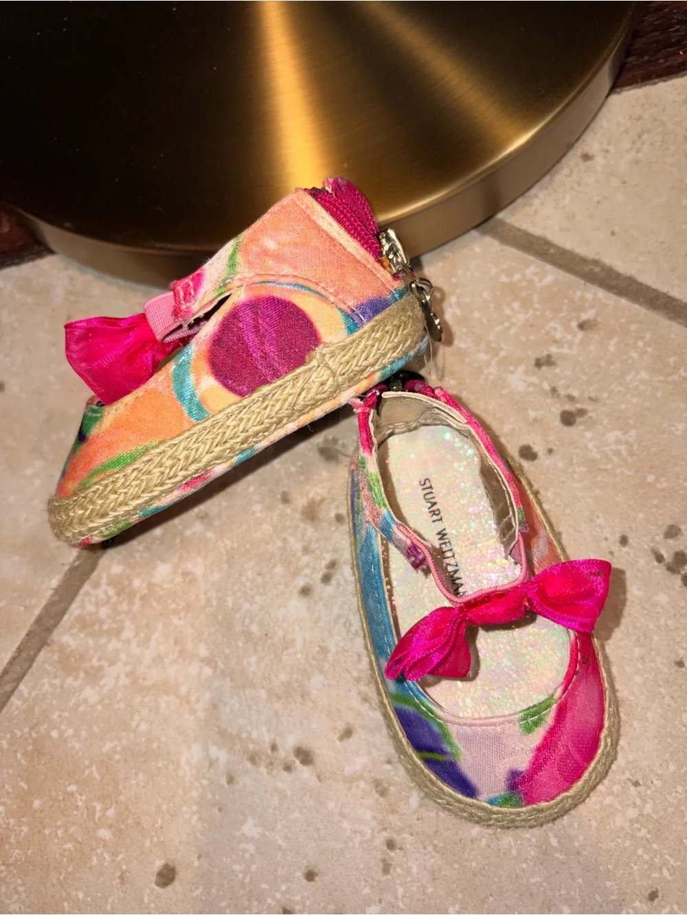 Stuart Weitzman Kids Multicolor Floral Espadrille Sandals with Pink Ribbon